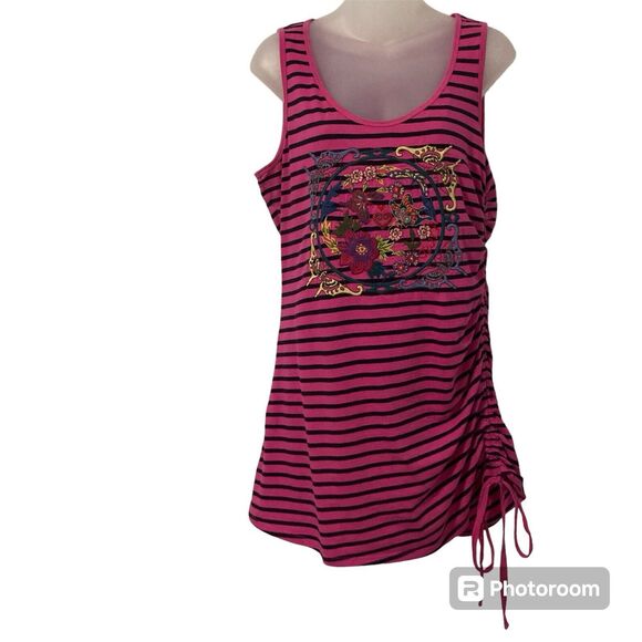 Johnny Was Other - Johnny Was Tank Dress Large Ruched Left Side Black Pink Striped Embroidery Chest